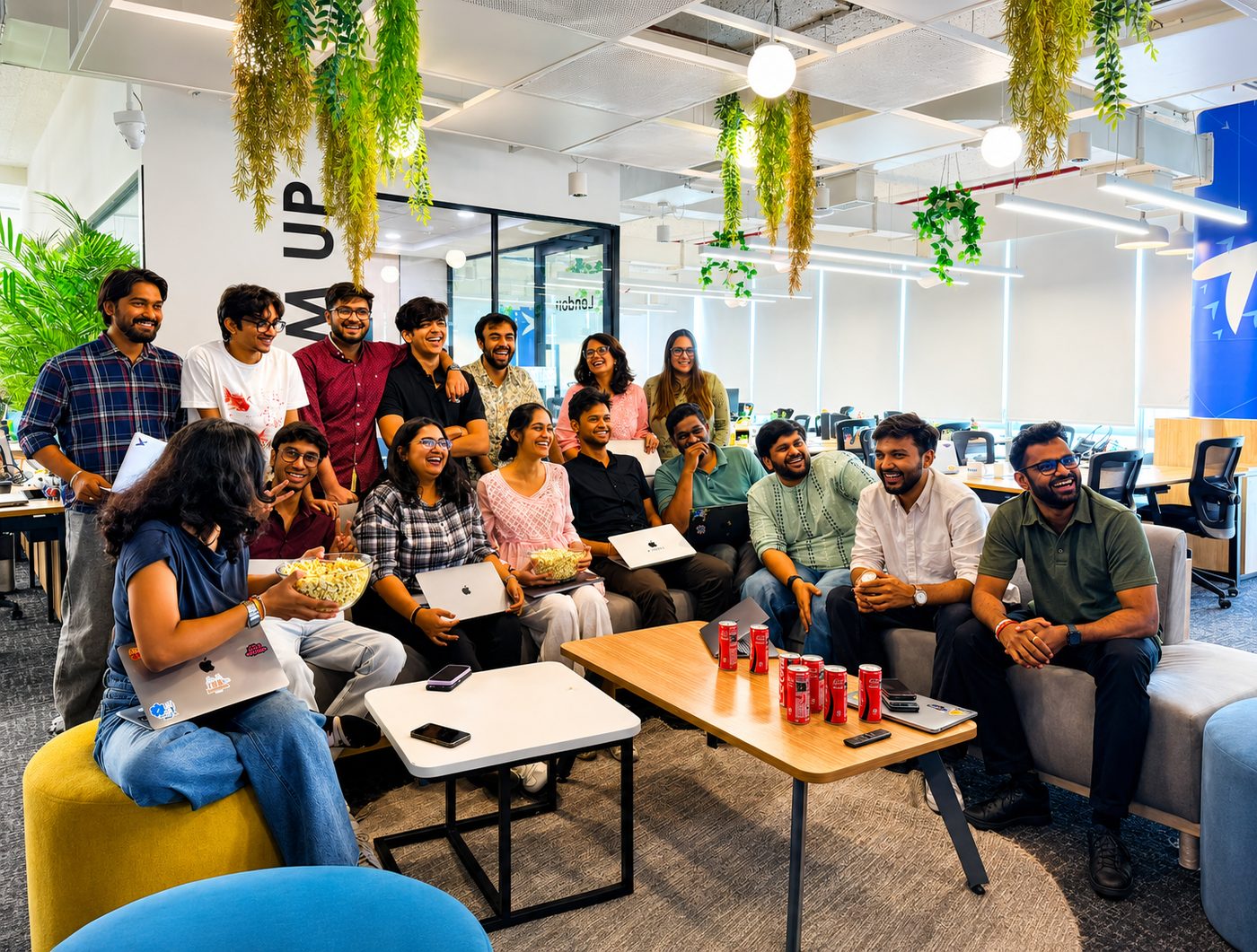 Large Shipsy team hanging out in the office lounge